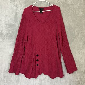 Ali Miles 2X Top Roll Tab Sleeve Tunic Lagenlook V Neck Rose Pink Red Crepe Plus